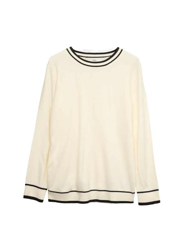 Marks & Spencer Izjemno mehak pulover z izrezom okoli vratu in kontrastnimi robovi Marks & Spencer smetanova