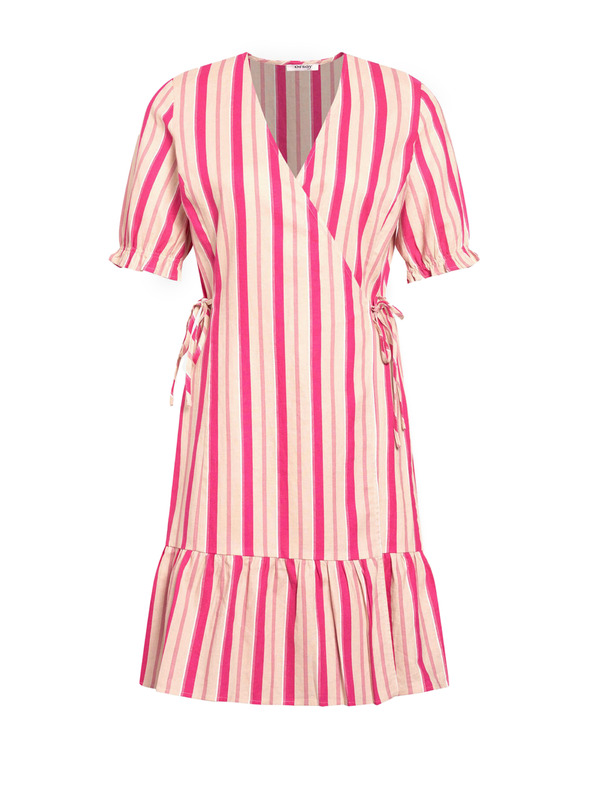 Orsay Rožnata črtasta ovita lanena obleka ORSAY