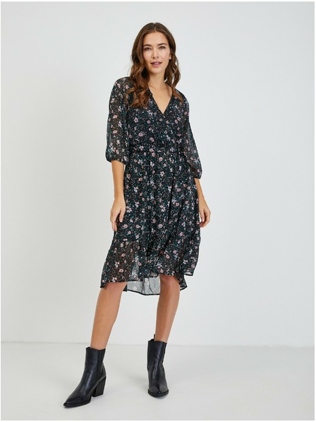 Orsay Črna ženska cvetlična obleka z zavezovanjem ORSAY