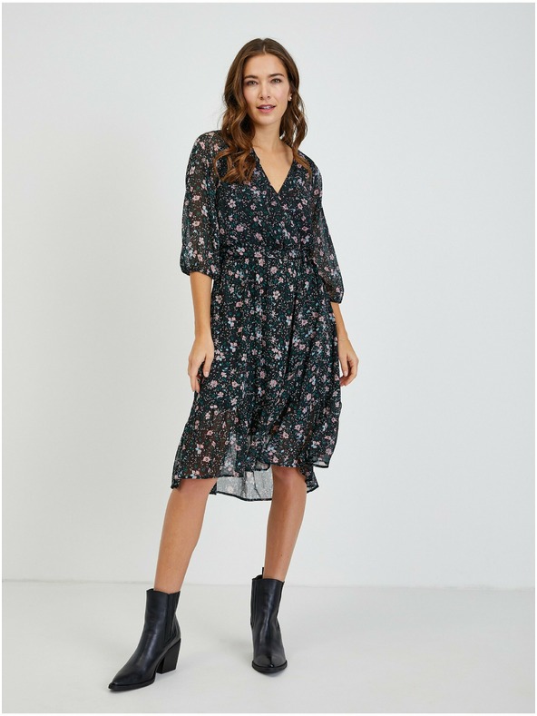 Orsay Črna ženska cvetlična obleka z zavezovanjem ORSAY
