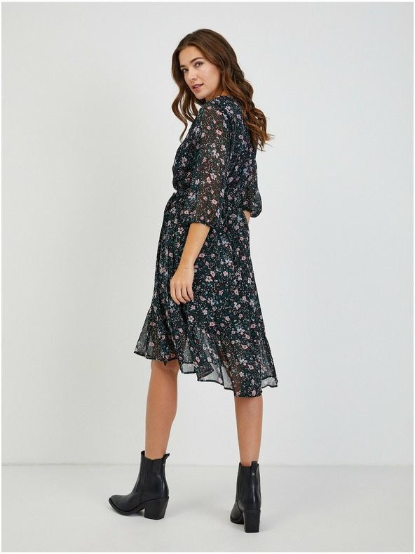 Orsay Črna ženska cvetlična obleka z zavezovanjem ORSAY