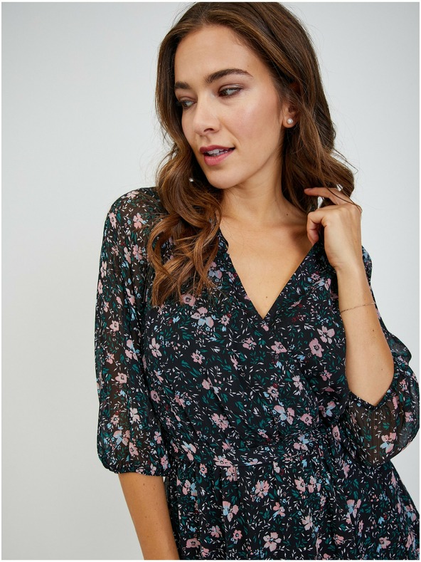 Orsay Črna ženska cvetlična obleka z zavezovanjem ORSAY