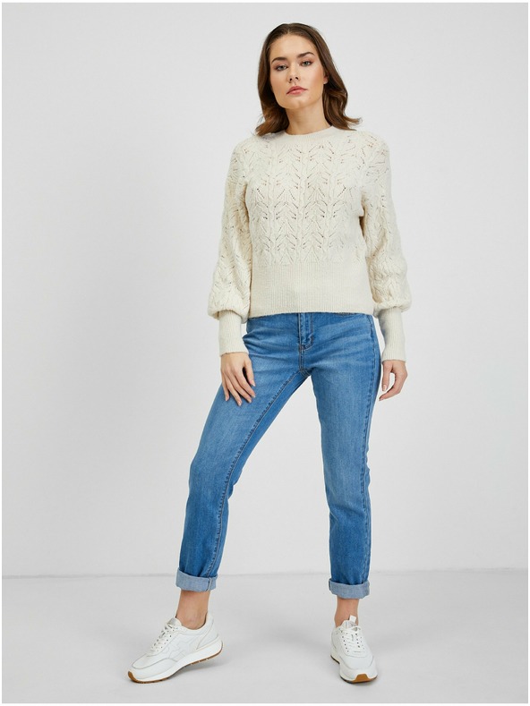 Orsay Krem ženski vzorčast pulover z balonskimi rokavi ORSAY