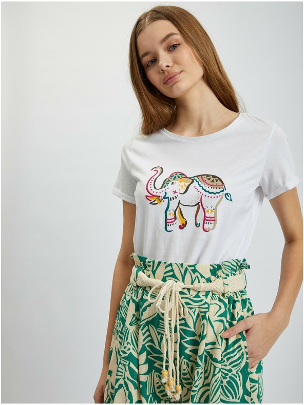 Orsay Krem-zelene ženske vzorčaste kratke hlače z dodatkom lanu ORSAY