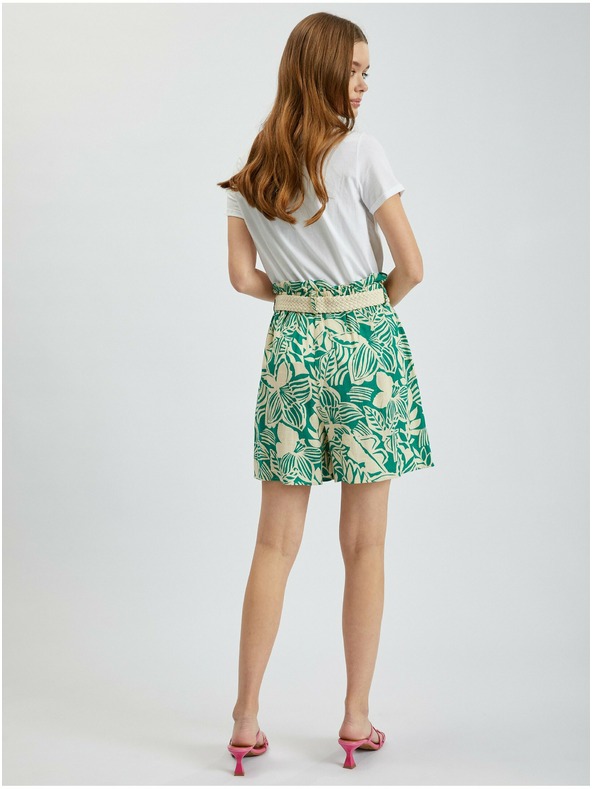 Orsay Krem-zelene ženske vzorčaste kratke hlače z dodatkom lanu ORSAY