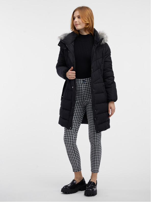 Orsay Črn ženski prešiti plašč z umetnim krznom ORSAY