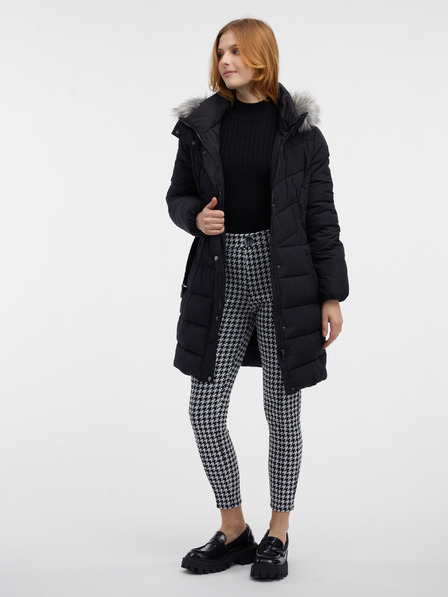 Orsay Črn ženski prešiti plašč z umetnim krznom ORSAY