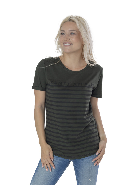 Sam 73 Črno-zelena ženska črtasta majica SAM 73