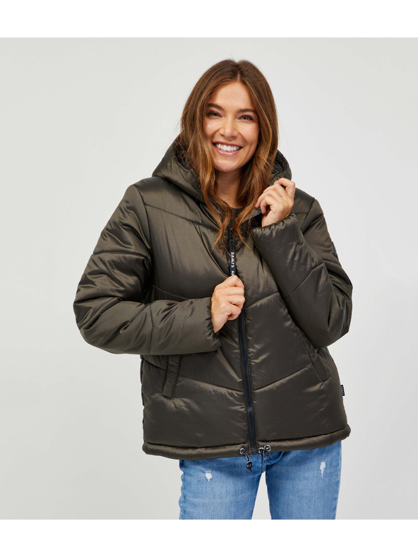 Sam 73 Temno zelena ženska prešita zimska jakna s kapuco SAM 73 Gede