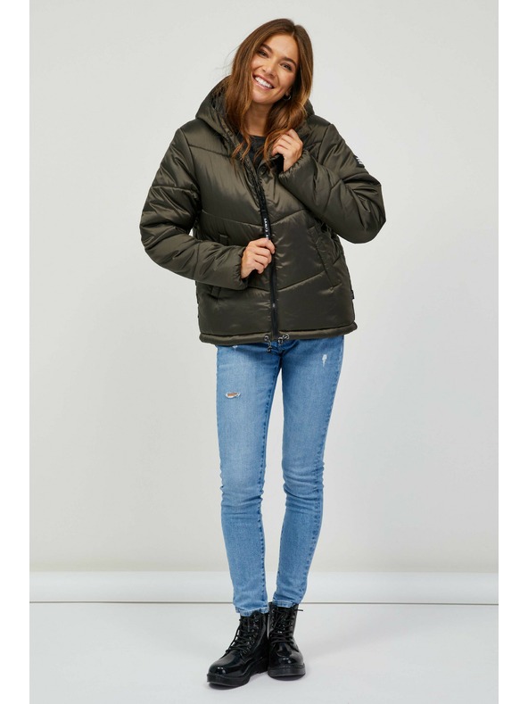 Sam 73 Temno zelena ženska prešita zimska jakna s kapuco SAM 73 Gede