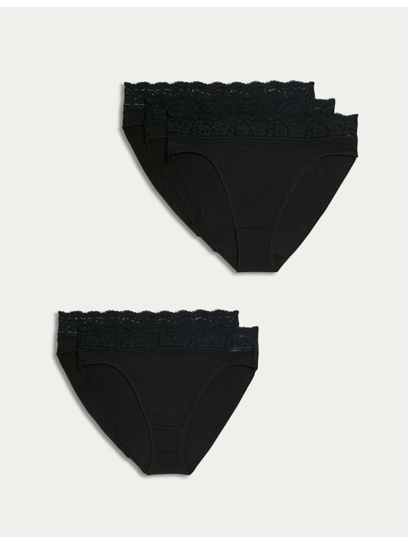 Marks & Spencer Bombažne čipkaste spodnjice z likrom, 5 paketov Marks & Spencer črne