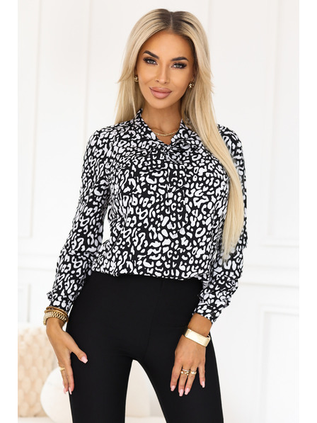 numoco Poslovna bluza z dolgimi rokavi in zavezovanjem spredaj - črno-bel vzorec