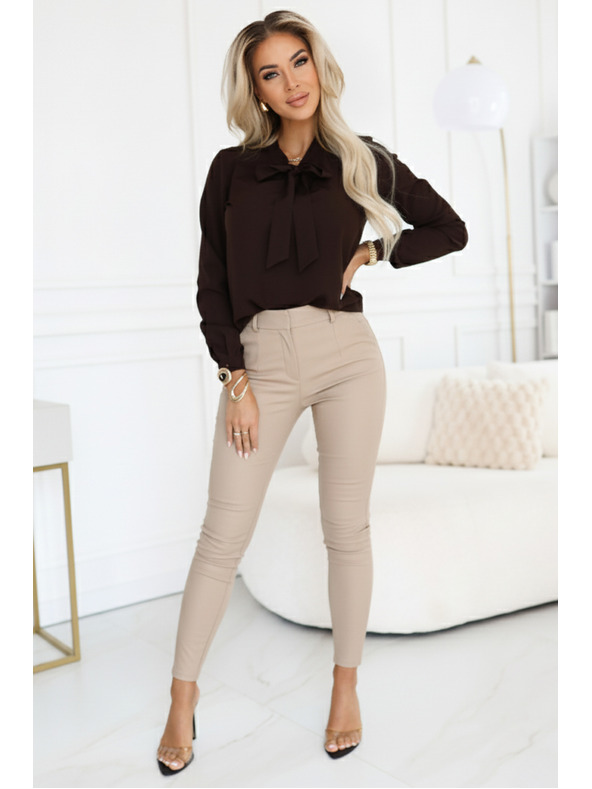 numoco Poslovna bluza z dolgimi rokavi in zavezovanjem spredaj - čokoladna