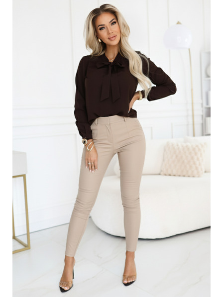 numoco Poslovna bluza z dolgimi rokavi in zavezovanjem spredaj - čokoladna