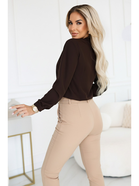 numoco Poslovna bluza z dolgimi rokavi in zavezovanjem spredaj - čokoladna