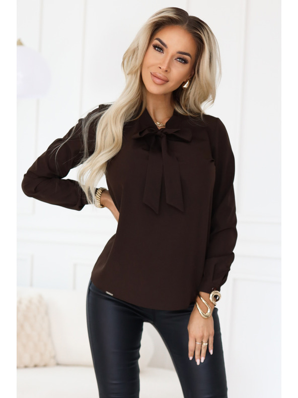 numoco Poslovna bluza z dolgimi rokavi in zavezovanjem spredaj - čokoladna