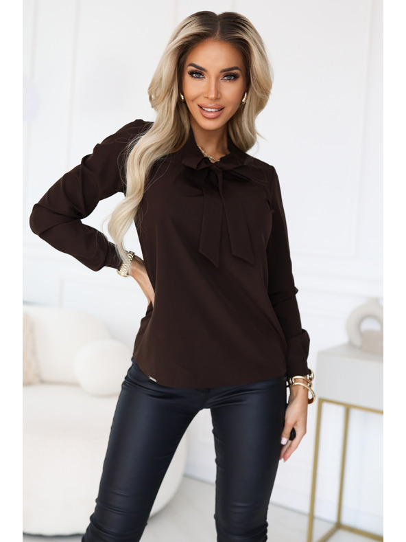 numoco Poslovna bluza z dolgimi rokavi in zavezovanjem spredaj - čokoladna