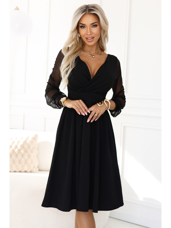 numoco Elegantne midi obleke z zavihnim izrezom in tančastimi rokavi - črne