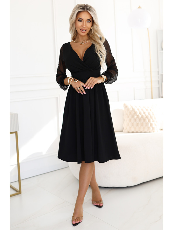 numoco Elegantne midi obleke z zavihnim izrezom in tančastimi rokavi - črne