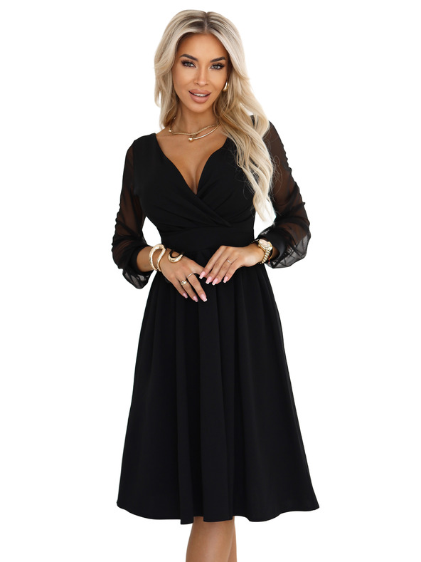 numoco Elegantne midi obleke z zavihnim izrezom in tančastimi rokavi - črne