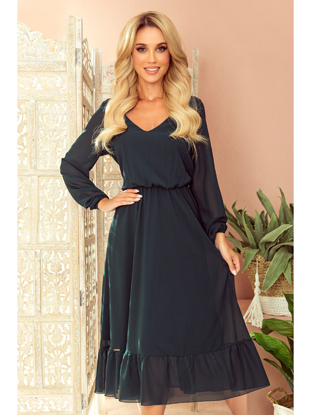 numoco Šifon midi obleke z izrezom in ovratnikom - zelene