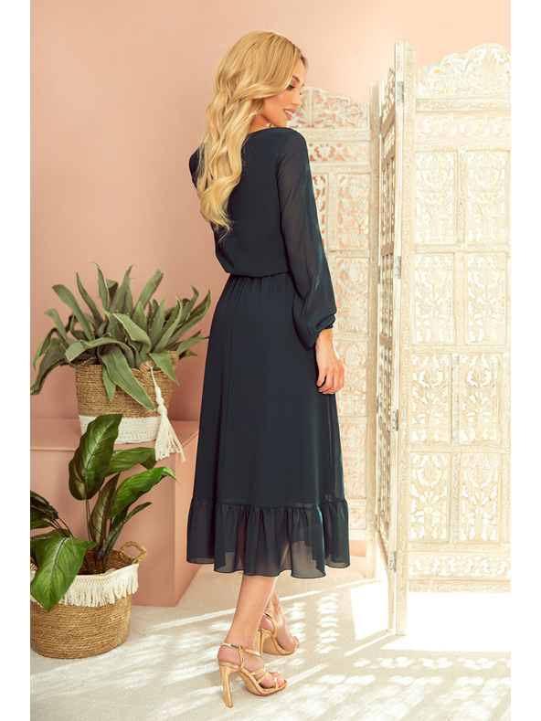 numoco Šifon midi obleke z izrezom in ovratnikom - zelene