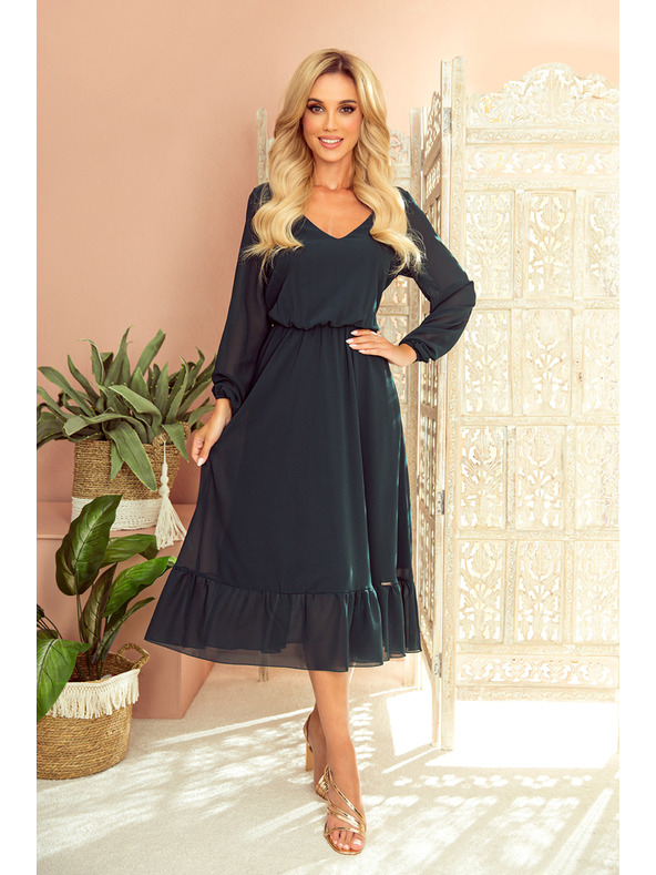 numoco Šifon midi obleke z izrezom in ovratnikom - zelene