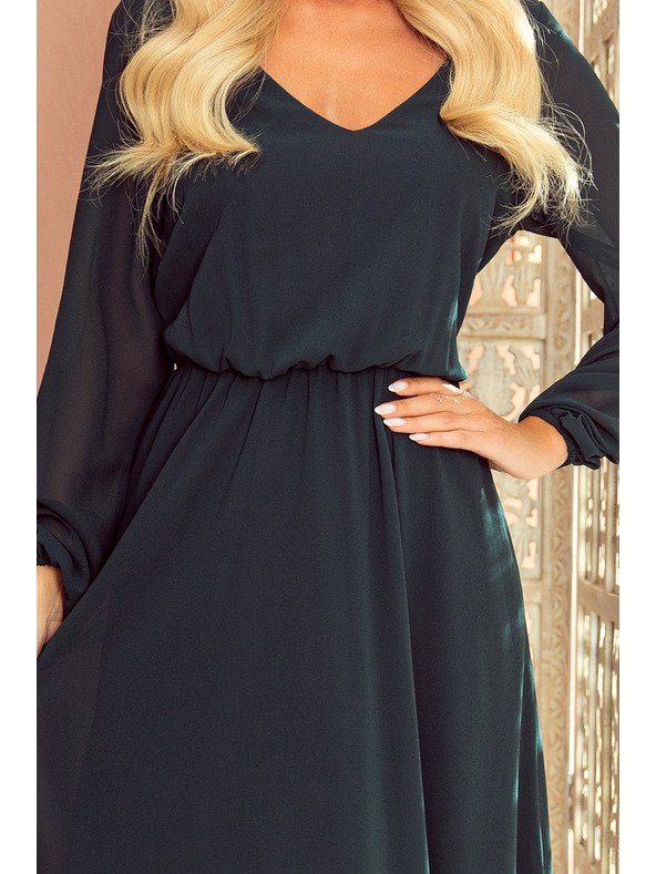 numoco Šifon midi obleke z izrezom in ovratnikom - zelene