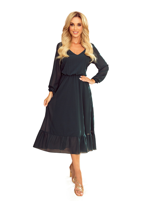 numoco Šifon midi obleke z izrezom in ovratnikom - zelene