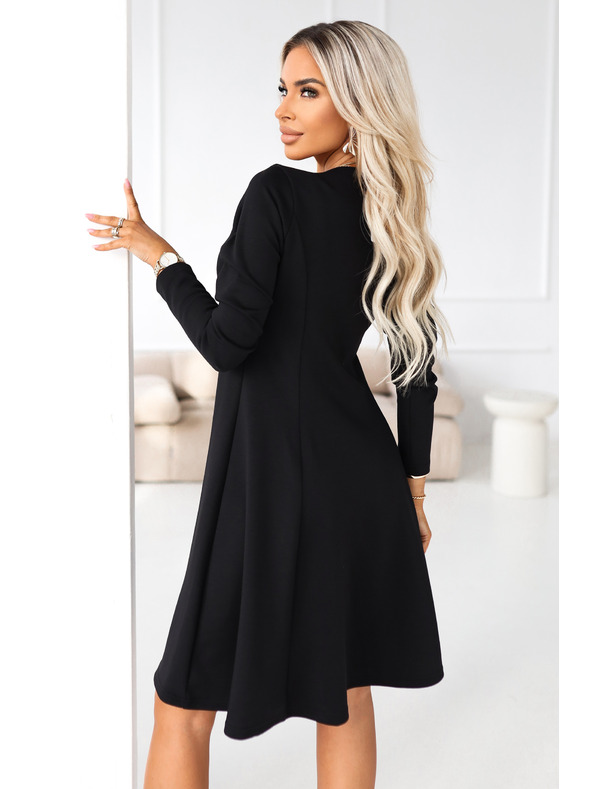 numoco IVANA udobne trapezne obleke z izrezom in dolgimi rokavi - črne