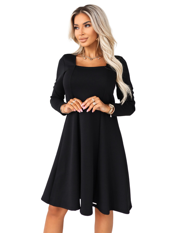 numoco IVANA udobne trapezne obleke z izrezom in dolgimi rokavi - črne