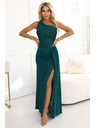 numoco SELENA bleščeče dolge obleke na eno ramo z razporkom - zelene z bleščicami