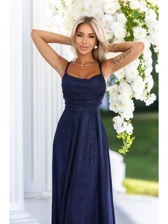 numoco Dolge obleke z nežnim bleščicami in korzet zavezovanjem zadaj - temno modre z bleščicami