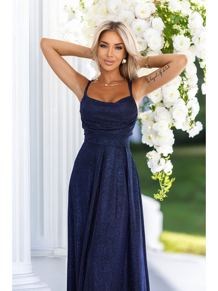 numoco Dolge obleke z nežnim bleščicami in korzet zavezovanjem zadaj - temno modre z bleščicami