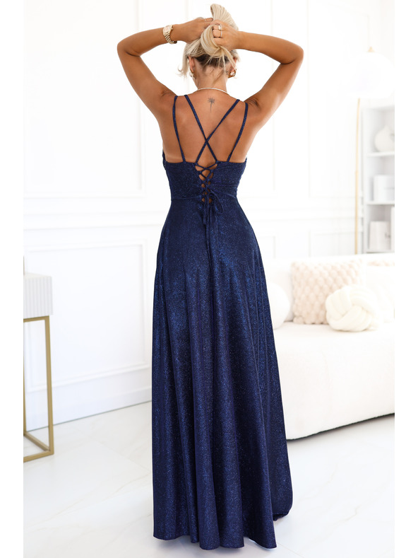 numoco Dolge obleke z nežnim bleščicami in korzet zavezovanjem zadaj - temno modre z bleščicami