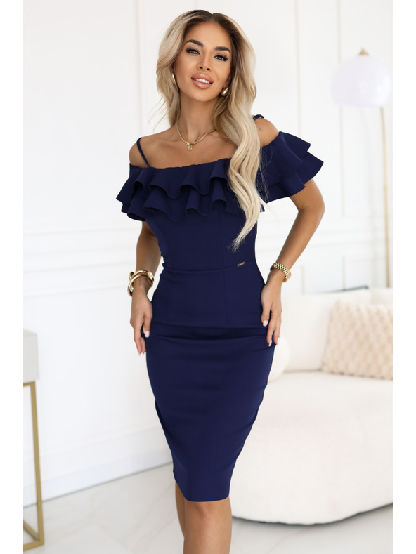 numoco CARMEN oprijete midi obleke v španskem slogu - temno modre