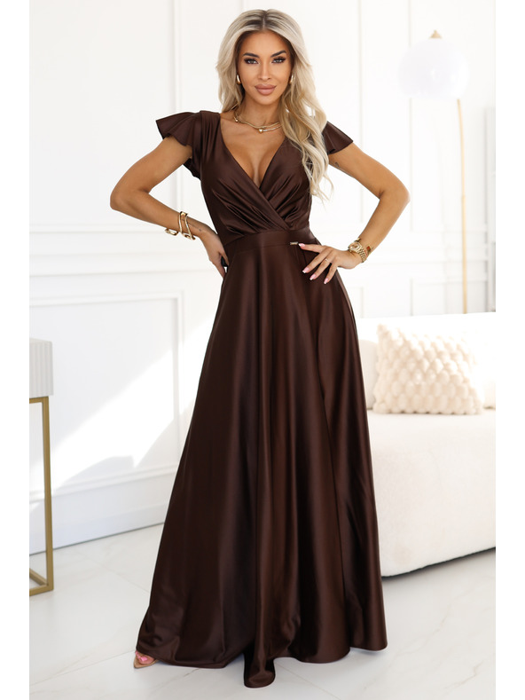 numoco CRYSTAL svilene dolge obleke z izrezom - čokoladne