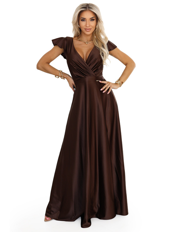 numoco CRYSTAL svilene dolge obleke z izrezom - čokoladne