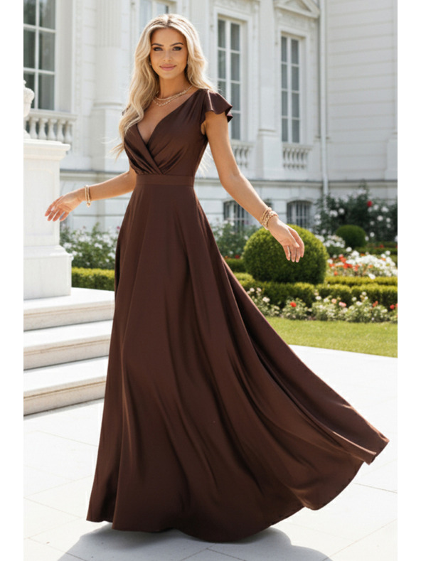 numoco CRYSTAL svilene dolge obleke z izrezom - čokoladne
