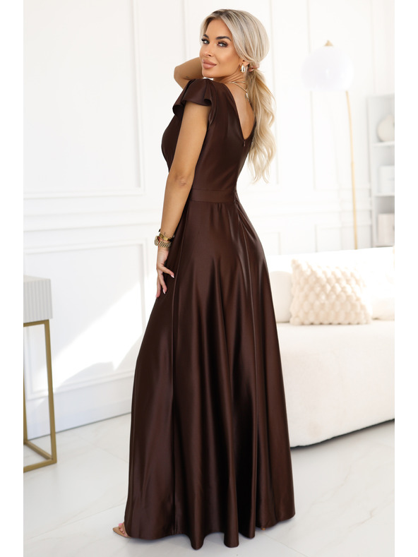 numoco CRYSTAL svilene dolge obleke z izrezom - čokoladne