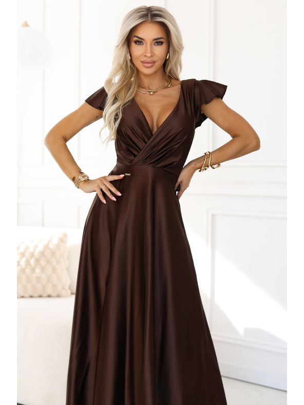 numoco CRYSTAL svilene dolge obleke z izrezom - čokoladne