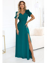 numoco Elegantne dolge slavnostne obleke s cvetom, pasom in visokim razporkom - steklenozelene