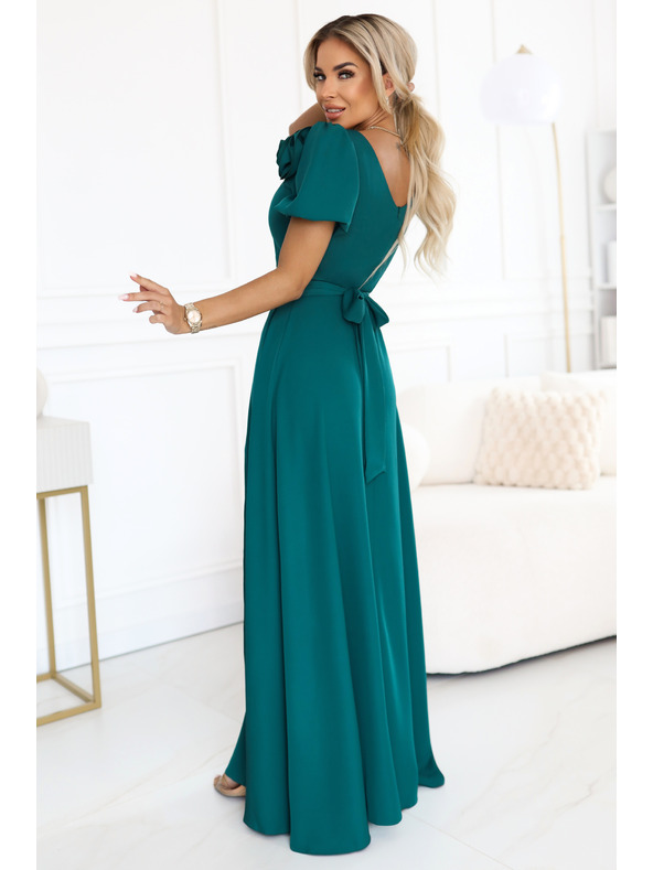 numoco Elegantne dolge slavnostne obleke s cvetom, pasom in visokim razporkom - steklenozelene