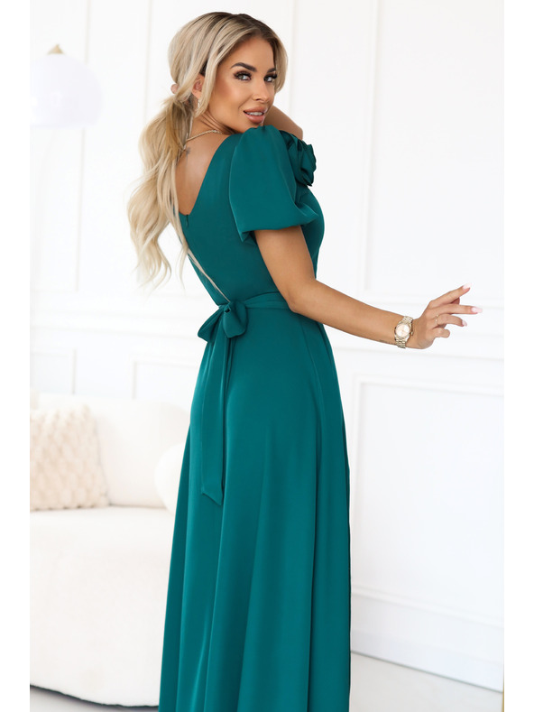numoco Elegantne dolge slavnostne obleke s cvetom, pasom in visokim razporkom - steklenozelene