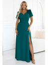 numoco Elegantne dolge slavnostne obleke s cvetom, pasom in visokim razporkom - steklenozelene