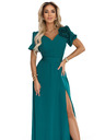 numoco Elegantne dolge slavnostne obleke s cvetom, pasom in visokim razporkom - steklenozelene