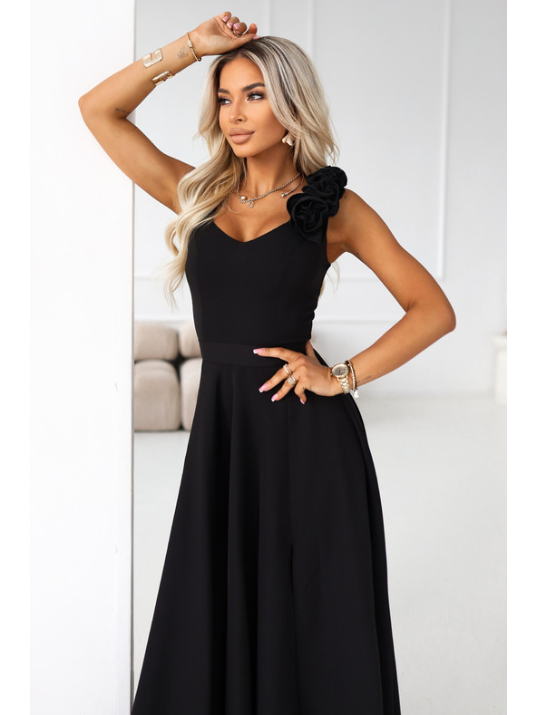 numoco Elegantne maxi večerne obleke z razporkom in rožami - klasična črna