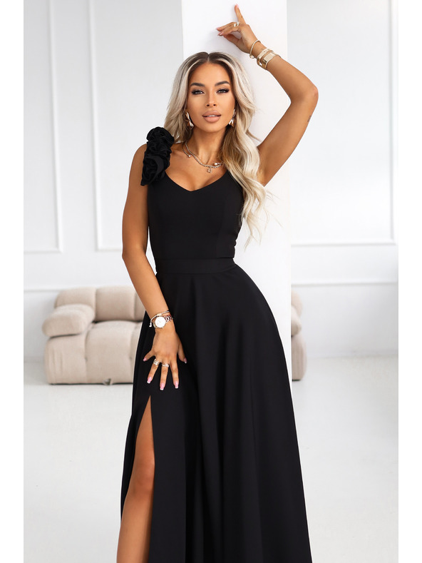 numoco Elegantne maxi večerne obleke z razporkom in rožami - klasična črna