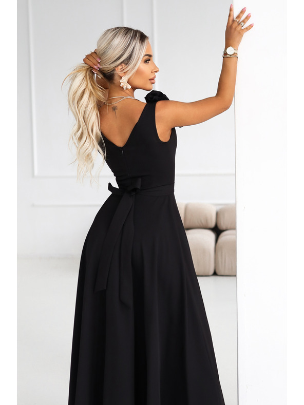 numoco Elegantne maxi večerne obleke z razporkom in rožami - klasična črna