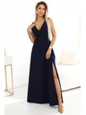 numoco MIRA Elegantne maxi obleke s prekrižanim izrezom in razporkom - temno modre